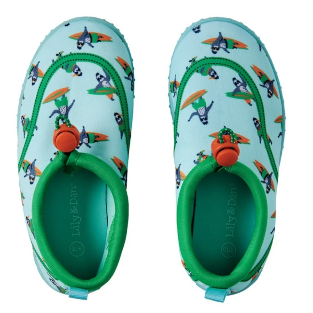 Lily & Dan children's water shoes with a sloth surfer pattern. Kids Size 9/10